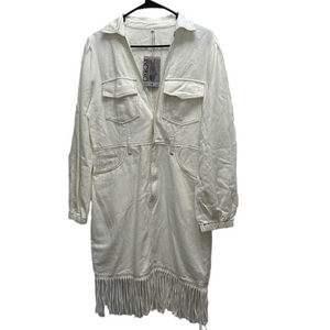 NWT Oyrosy Denim Fringe White Boho Dress Size Large